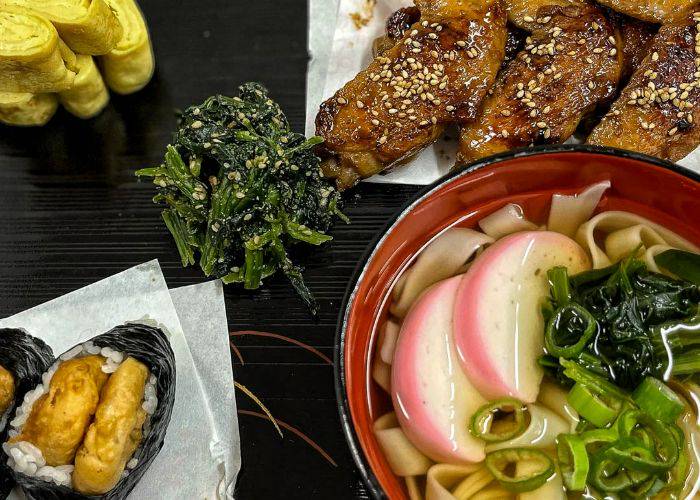 A top-down shot of the dishes made at Grandma Junko's cooking class in Nagoya.